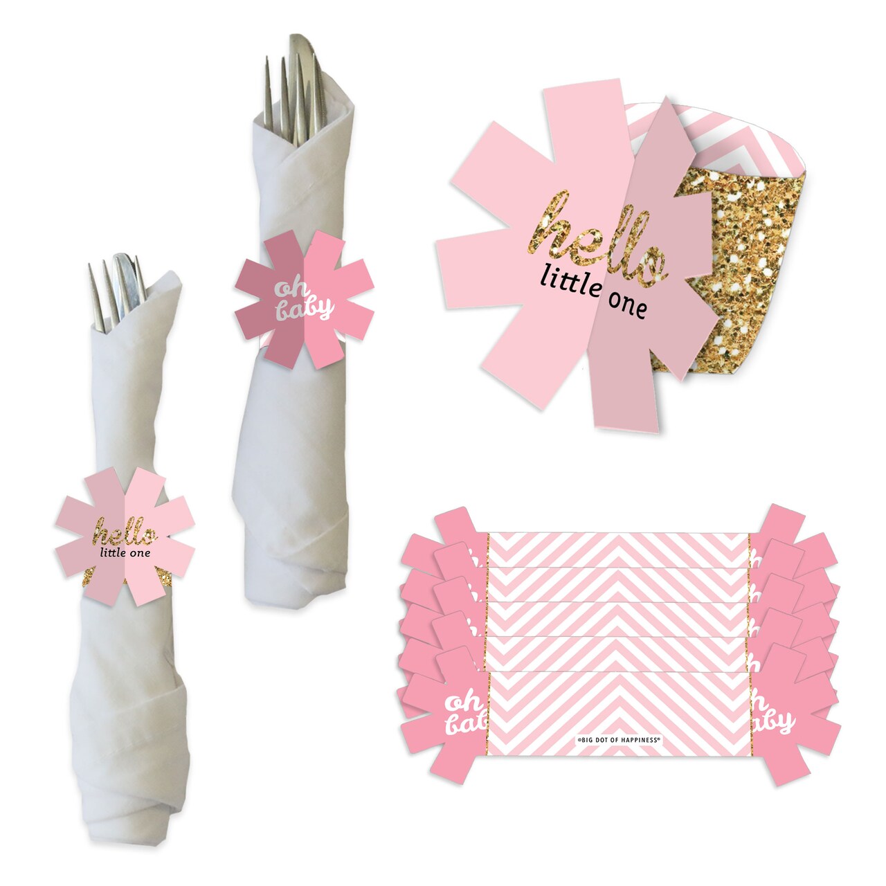 Big Dot of Happiness Hello Little One - Pink and Gold - Girl Baby Shower Paper Napkin Holder - Napkin Rings - Set of 24